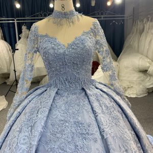 B208 #Large Trailing Tail Of Sky Blue Lace Embroidery Long Sleeve Wedding Grown Dresss