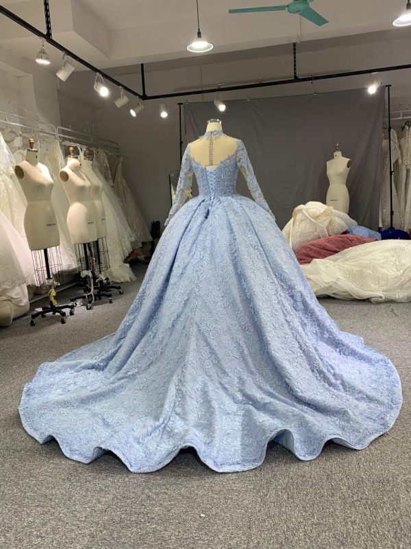 B208 #Large Trailing Tail Of Sky Blue Lace Embroidery Long Sleeve Wedding Grown Dresss - Image 6