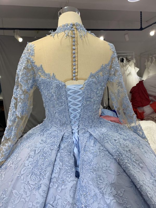 B208 #Large Trailing Tail Of Sky Blue Lace Embroidery Long Sleeve Wedding Grown Dresss - Image 3