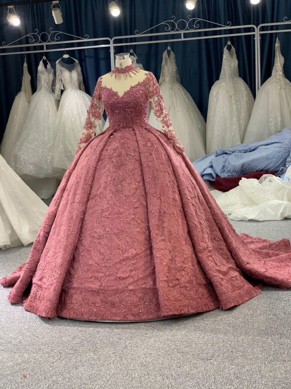 B208 #Large Trailing Tail Of Pink Lace Embroidery Long Sleeve Wedding Grown Dresss - Image 2