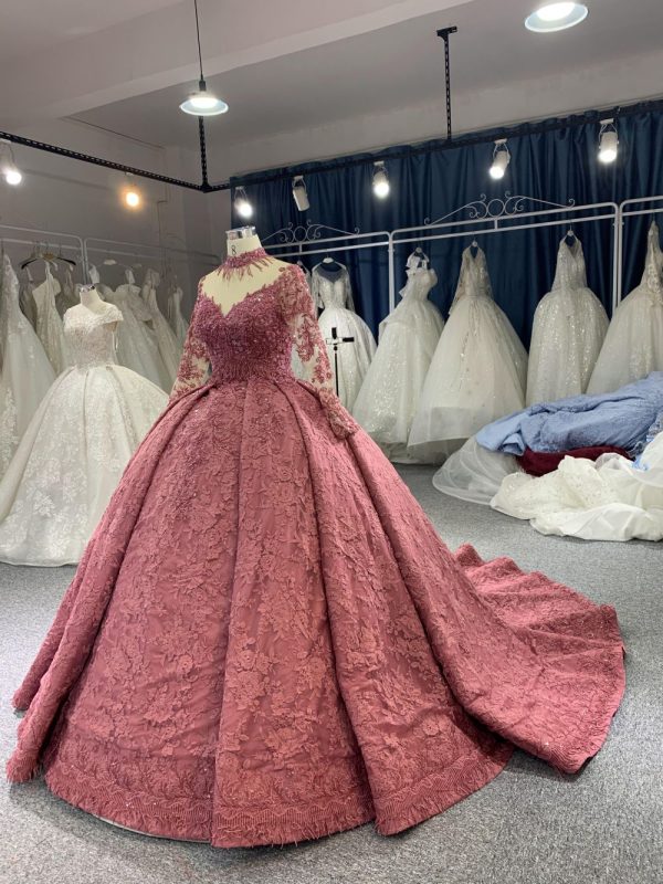 B208 #Large Trailing Tail Of Pink Lace Embroidery Long Sleeve Wedding Grown Dresss - Image 4