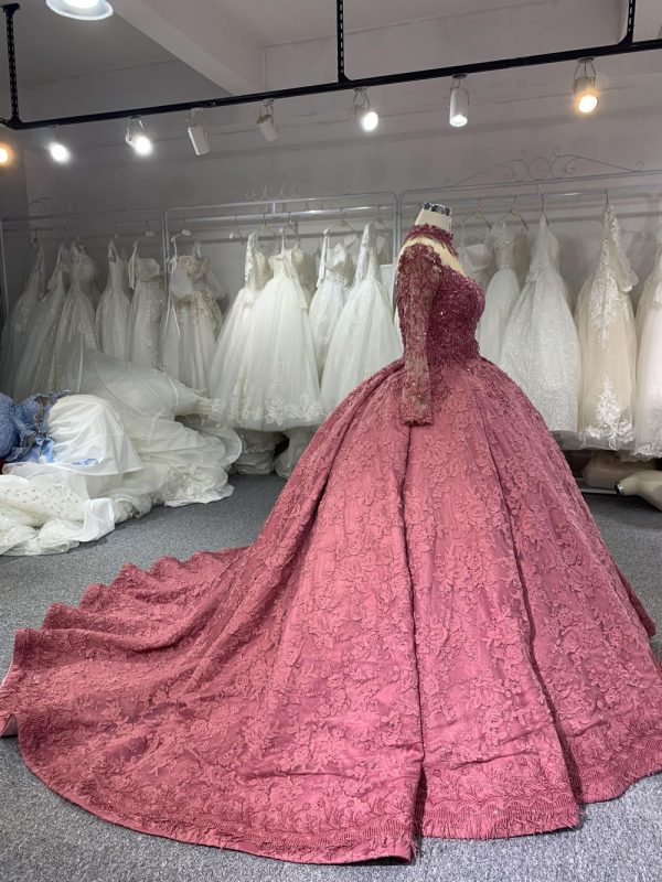 B208 #Large Trailing Tail Of Pink Lace Embroidery Long Sleeve Wedding Grown Dresss - Image 5