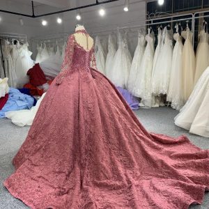 B208 #Large Trailing Tail Of Pink Lace Embroidery Long Sleeve Wedding Grown Dresss