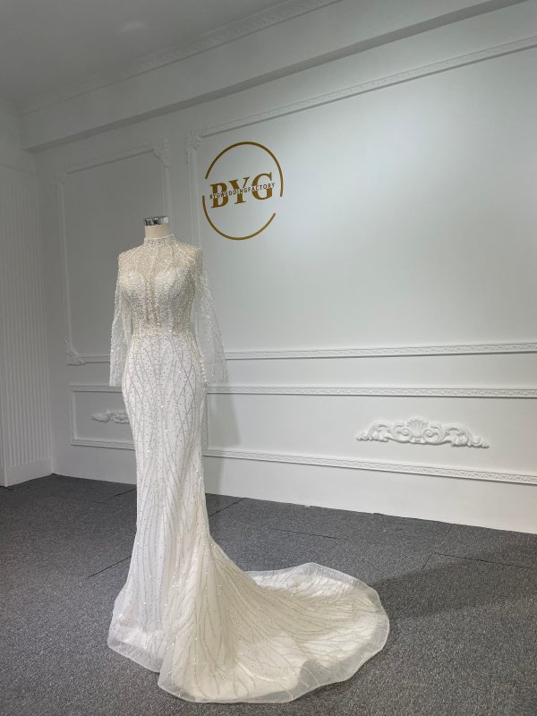 Z037- BYG Shiny stone with pearl beading mermaid wedding dress with detachable train - Image 6
