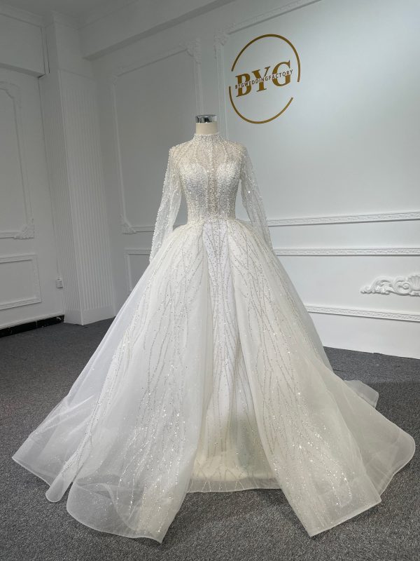 Z037- BYG Shiny stone with pearl beading mermaid wedding dress with detachable train