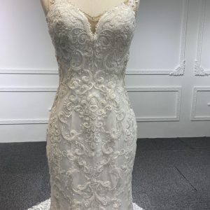 W24# Ivory lace sweetheart mermaid floor length prom dress