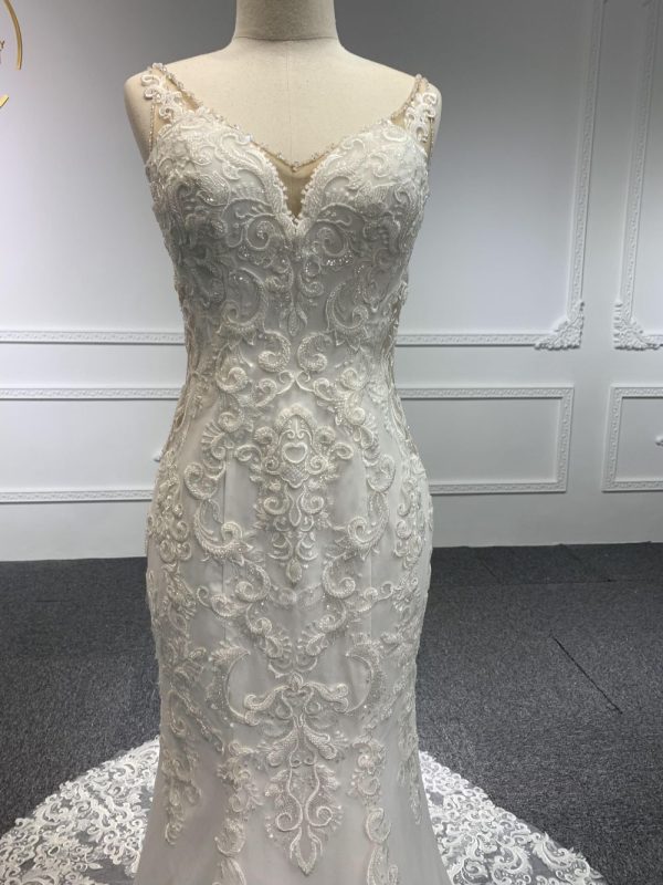 W24# Ivory lace sweetheart mermaid floor length prom dress