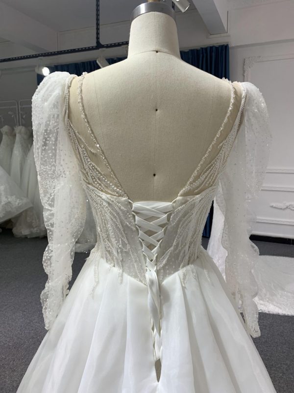 Z011# A Line Sweetheart long sleeves Ruffles Beaded Lace Wedding Dresses - Image 4
