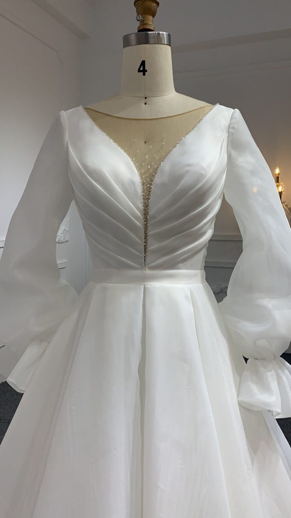 J44-Long Sleeve Organza A-line Plain Style Wedding Dress - Image 2