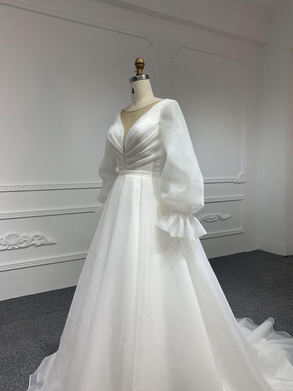 J44-Long Sleeve Organza A-line Plain Style Wedding Dress - Image 3