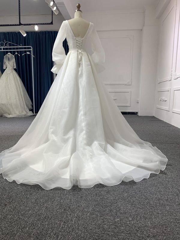 J44-Long Sleeve Organza A-line Plain Style Wedding Dress - Image 6