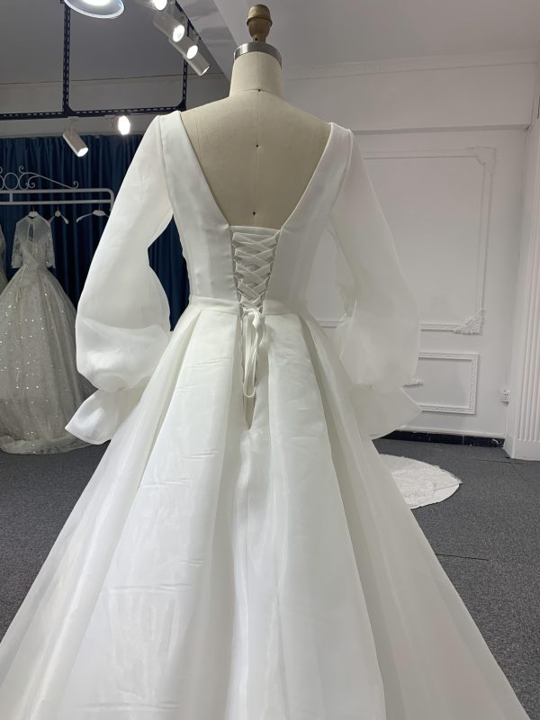 J44-Long Sleeve Organza A-line Plain Style Wedding Dress - Image 4