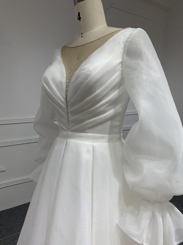 J44-Long Sleeve Organza A-line Plain Style Wedding Dress - Image 5