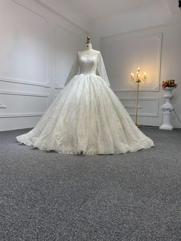 29762# Shiny Lace Bridal Outfit with Cathedral Train - Image 2