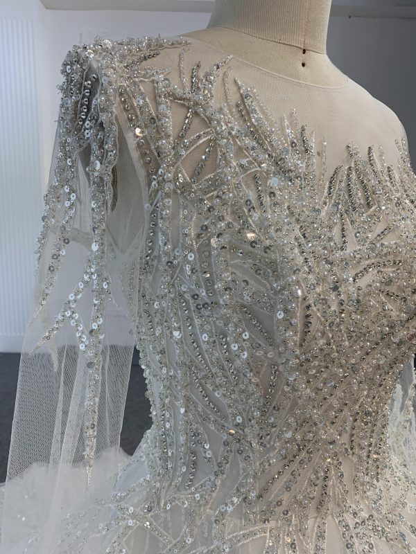 Z009-Long Sleeve Luxurious Sparkle Wedding Gown With Removable Decorative Piece - Image 4