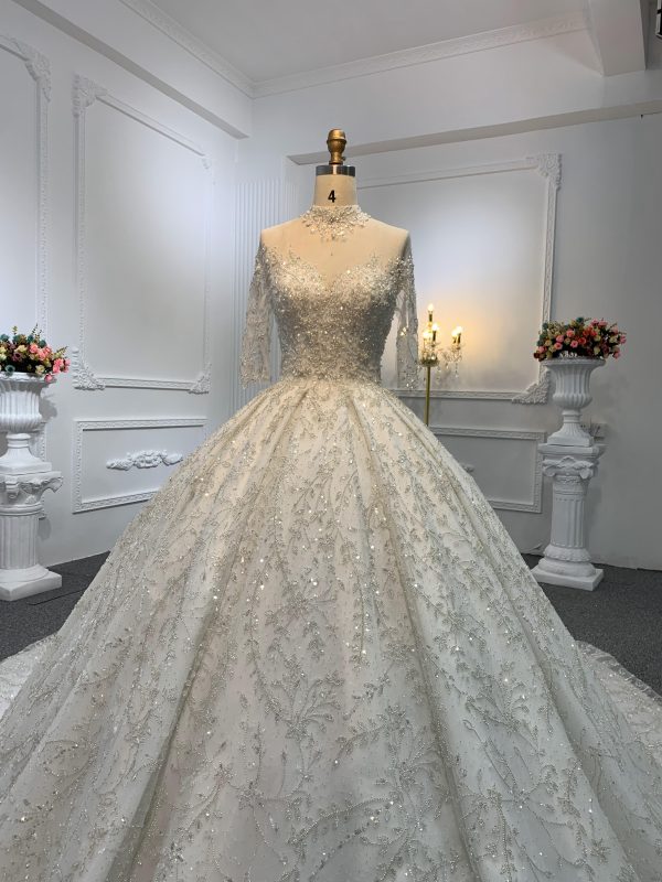 Z001-Off White Luxury Beading Wedding Dress With Removable Frill - Image 6