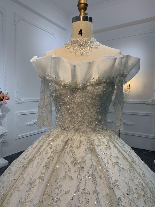 Z001-Off White Luxury Beading Wedding Dress With Removable Frill - Image 5