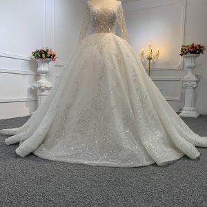 B212-The Luxury Beading Long Sleeve Ball Gown With Long Train