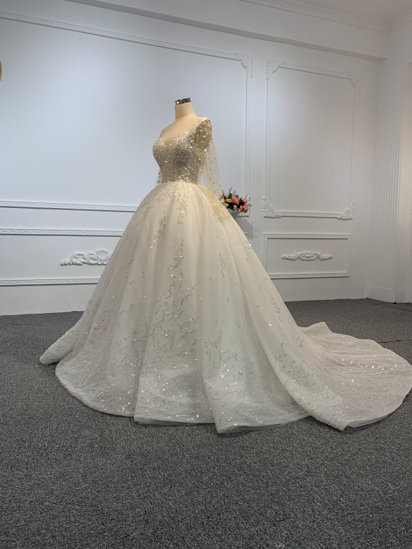 B212-The Luxury Beading Long Sleeve Ball Gown With Long Train - Image 3