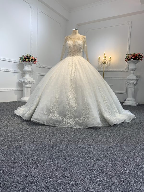 29776-1 The Luxury Beading Flesh Color Net Ball Gown With Embroidered Sweep