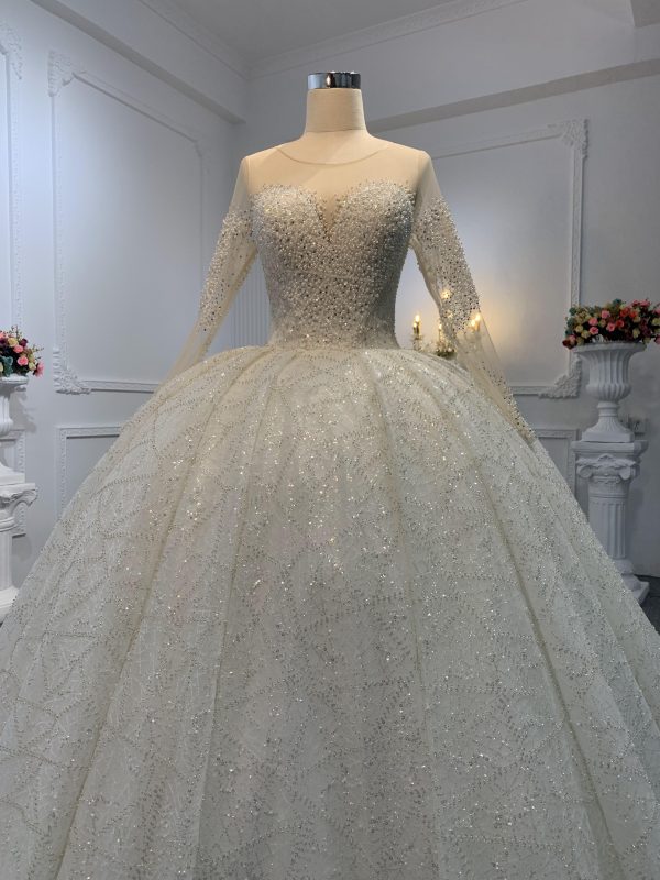 Z015- Ivory Long Sleeves Beading Wedding Ball Gown With Long Tail - Image 3