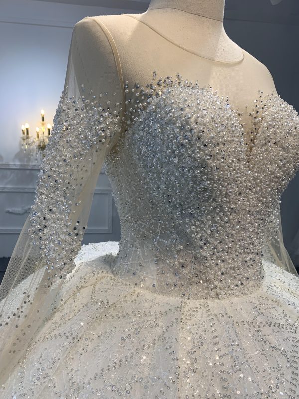 Z015- Ivory Long Sleeves Beading Wedding Ball Gown With Long Tail - Image 2