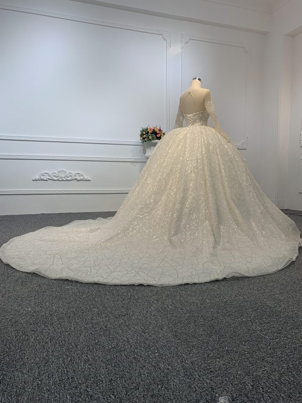 Z015- Ivory Long Sleeves Beading Wedding Ball Gown With Long Tail - Image 4