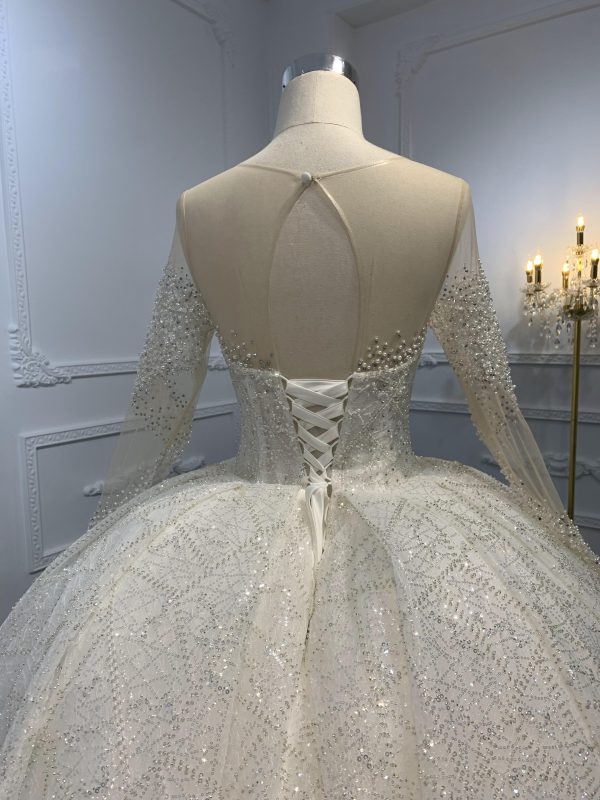 Z015- Ivory Long Sleeves Beading Wedding Ball Gown With Long Tail - Image 5