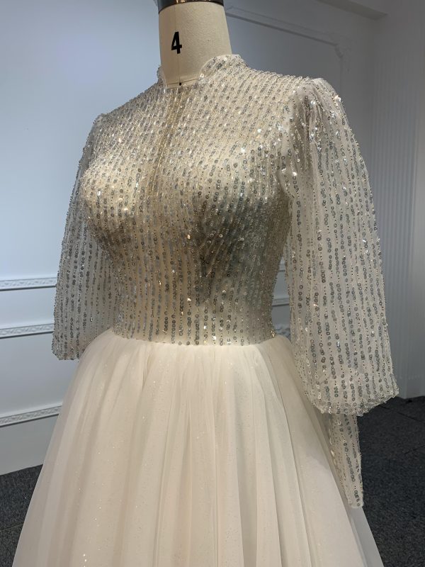 J30-Sequins A-line Long Sleeve Dress With Long Train - Image 4