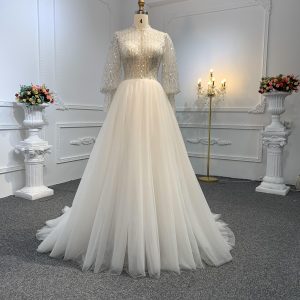 J30-Sequins A-line Long Sleeve Dress With Long Train