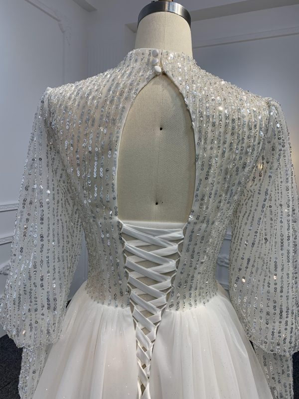 J30-Sequins A-line Long Sleeve Dress With Long Train - Image 6