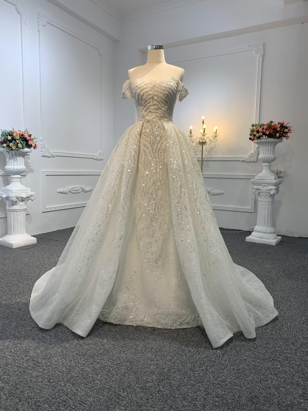 Z016-Off White Beading A-line Wedding Gown With Removable Sweep