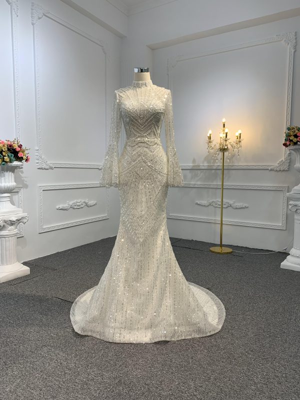 Z025-The Luxury Sequins Long Sleeve Mermaid Dress With Long Train - Image 4