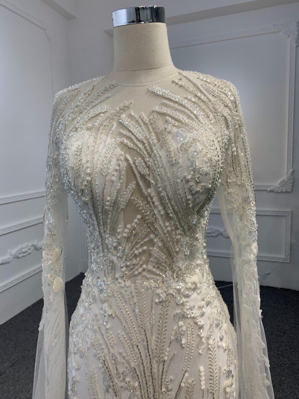 Z031-BYG SUPER LONG SLEEVES LUXURNOWS BEADING MERMAIED DRESS WITH DETACHABLE TAIL - Image 3