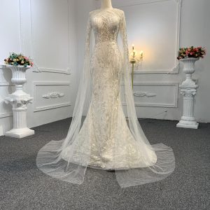 Z031-BYG SUPER LONG SLEEVES LUXURNOWS BEADING MERMAIED DRESS WITH DETACHABLE TAIL