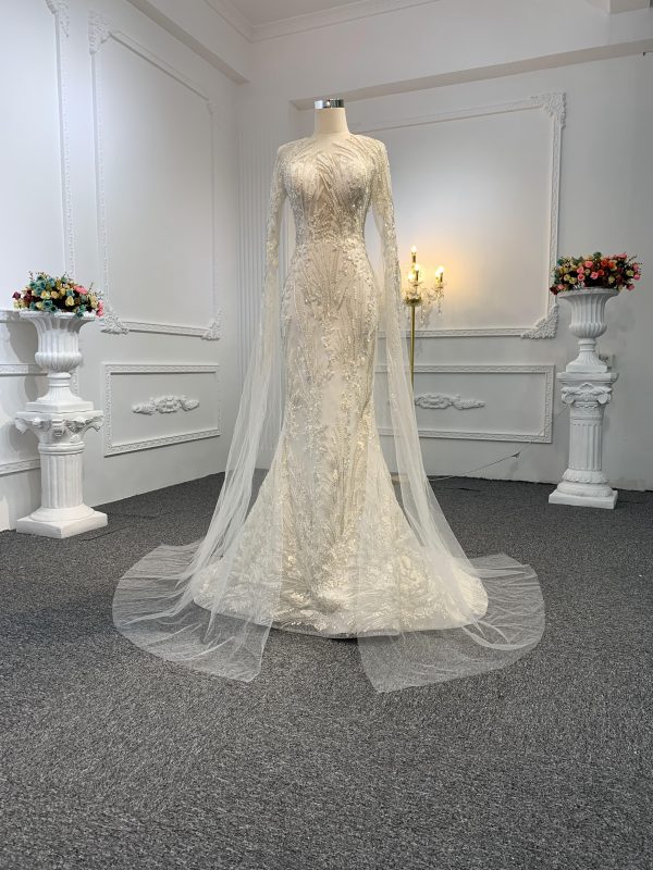 Z031-BYG SUPER LONG SLEEVES LUXURNOWS BEADING MERMAIED DRESS WITH DETACHABLE TAIL