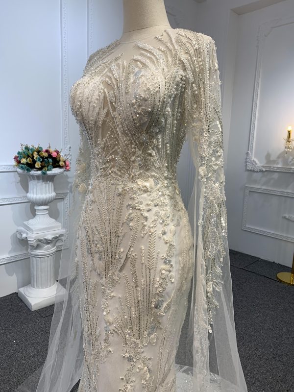 Z031-BYG SUPER LONG SLEEVES LUXURNOWS BEADING MERMAIED DRESS WITH DETACHABLE TAIL - Image 4