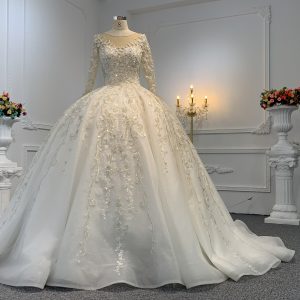 B237- BYG long sleeves elegant flower beading lace ball gown