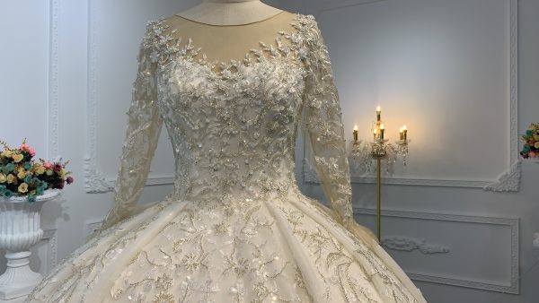 B237- BYG long sleeves elegant flower beading lace ball gown - Image 2