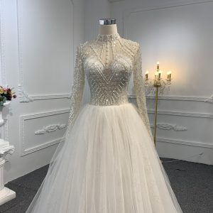 Z043-BYG OWN DESIGN BEADING LONG SLEEVES LACE UP A-LINE DRESS