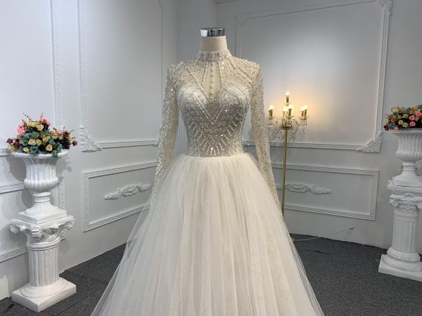 Z043-BYG OWN DESIGN BEADING LONG SLEEVES LACE UP A-LINE DRESS
