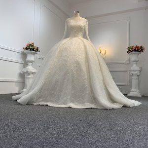 B234- BYG Ivory long sleeves beading lace full of skirt wedding ball gown