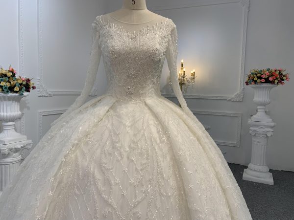 B234- BYG Ivory long sleeves beading lace full of skirt wedding ball gown - Image 2