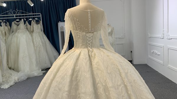 B234- BYG Ivory long sleeves beading lace full of skirt wedding ball gown - Image 4