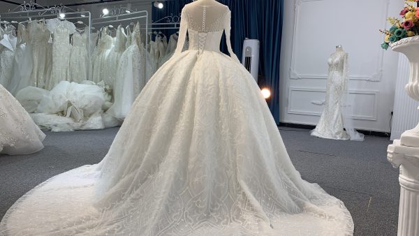 B234- BYG Ivory long sleeves beading lace full of skirt wedding ball gown - Image 5