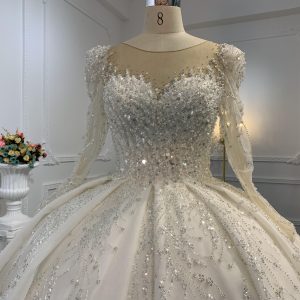 B233- BYG Sweet heart neckline beading lace wedding ball gown with puff sleeves