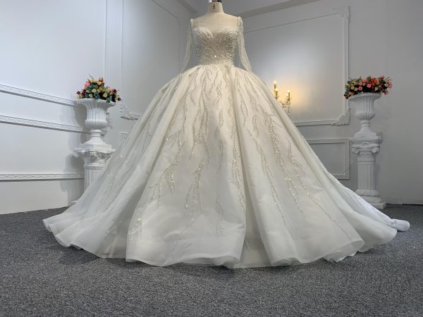 B236- BYG Sweetheart Neckline Heavy Beading Long Sleeves Ball Gown