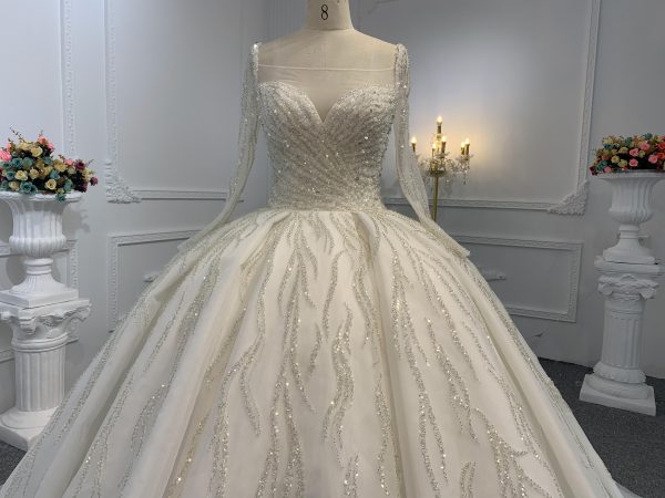 B236- BYG Sweetheart Neckline Heavy Beading Long Sleeves Ball Gown - Image 3