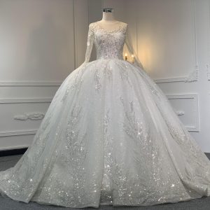 Z049- BYG long sleeves luxury beadings lace ball gown in ivory color