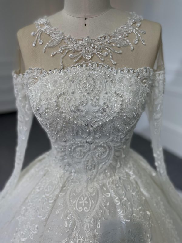 Z048- BYG Ivory Vintage Off-Shoulder Long Sleeves Beading Lace Ball Gown - Image 2